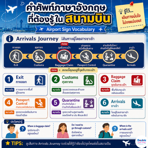 airport-arrival-journey-vocabulary.png Alt Text: คำศัพท์ภาษาอังกฤษในสนามบินสำหรับเส้นทางผู้โดยสารขาเข้า เช่น Exit, Customs, Baggage Claim, Passport Control, Quarantine และ Arrivals พร้อมความหมายภาษาไทย