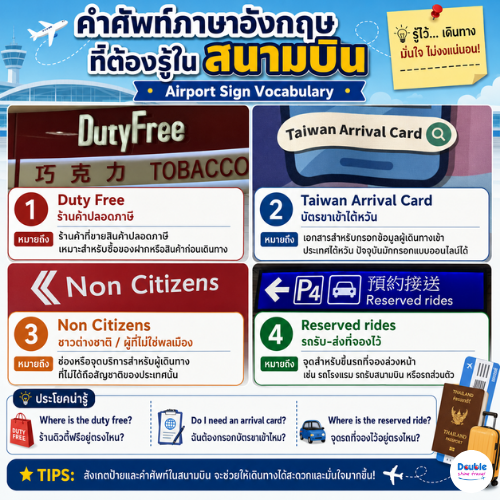 คำศัพท์ภาษาอังกฤษในสนามบินเกี่ยวกับ Duty-Free, Taiwan Arrival Card, Non-Citizens และ Reserved Rides พร้อมความหมายภาษาไทย