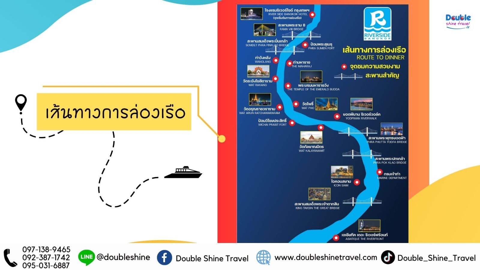 แผนที่เส้นทางล่องเรือดินเนอร์ Riverside Bangkok ผ่านสถานที่สำคัญ เช่น วัดอรุณฯ, พระบรมมหาราชวัง, ไอคอนสยาม และสะพานพระราม 8