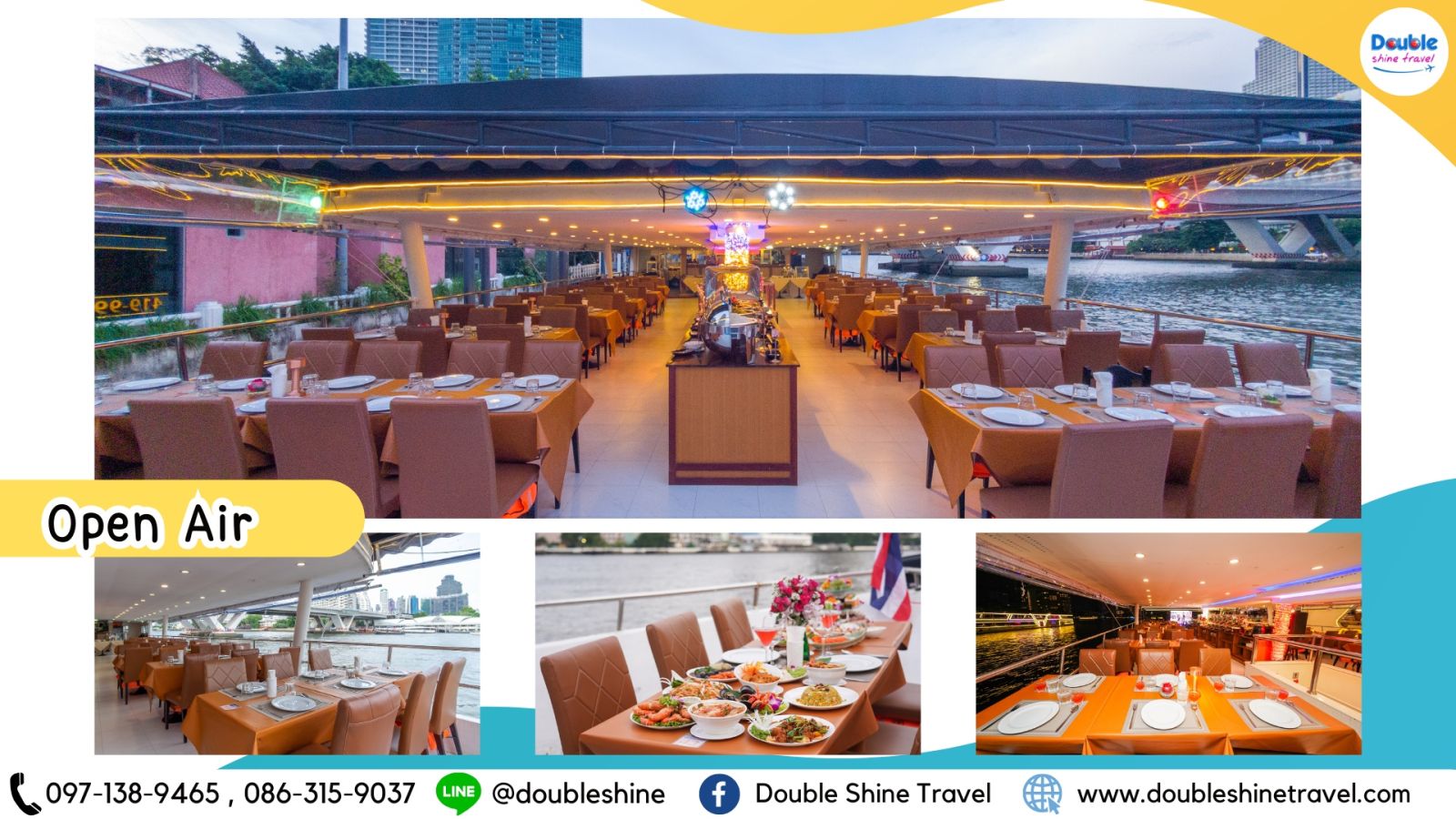 บรรยากาศที่นั่งโซน Open Air บนดาดฟ้าเรือ Meridian Cruise พร้อมโต๊ะอาหารวิวแม่น้ำเจ้าพระยาแบบพาโนรามา โดย Double Shine Travel