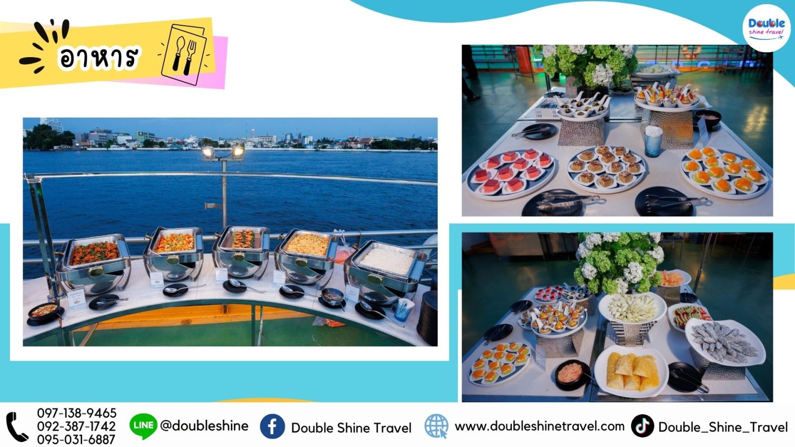 ภาพรวมไลน์อาหารบุฟเฟ่ต์นานาชาติและขบวนขนมหวานบนดาดฟ้าเรือ Riverside Faraya พร้อมวิวแม่น้ำเจ้าพระยาแบบพาโนรามา