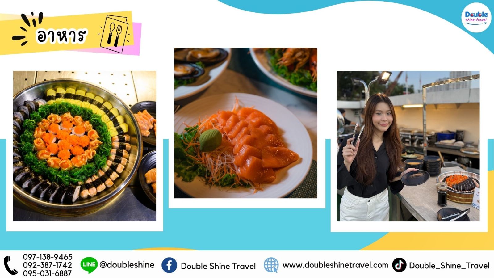 ไลน์อาหารญี่ปุ่นบนเรือ Riverside Faraya ประกอบด้วยซูชิหน้าต่างๆ และแซลมอนซาชิมิสดใหม่ บริการแบบบุฟเฟ่ต์