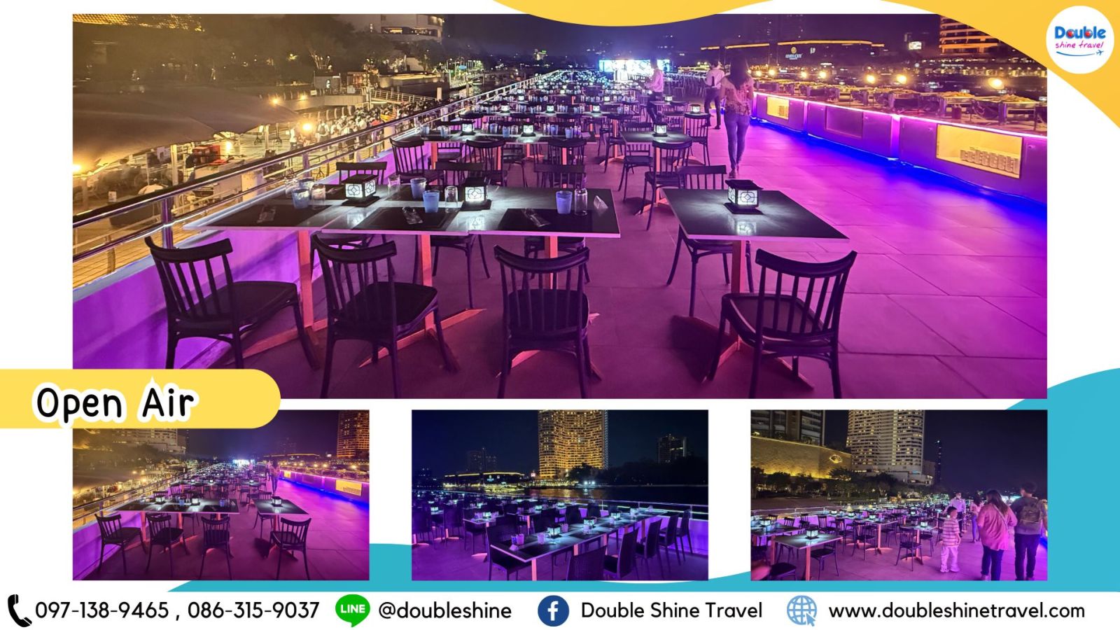 บรรยากาศดาดฟ้าเรือ The Luxury White โซน Open Air ชมวิวแม่น้ำเจ้าพระยาแบบพาโนรามา 360 องศา ยามค่ำคืน